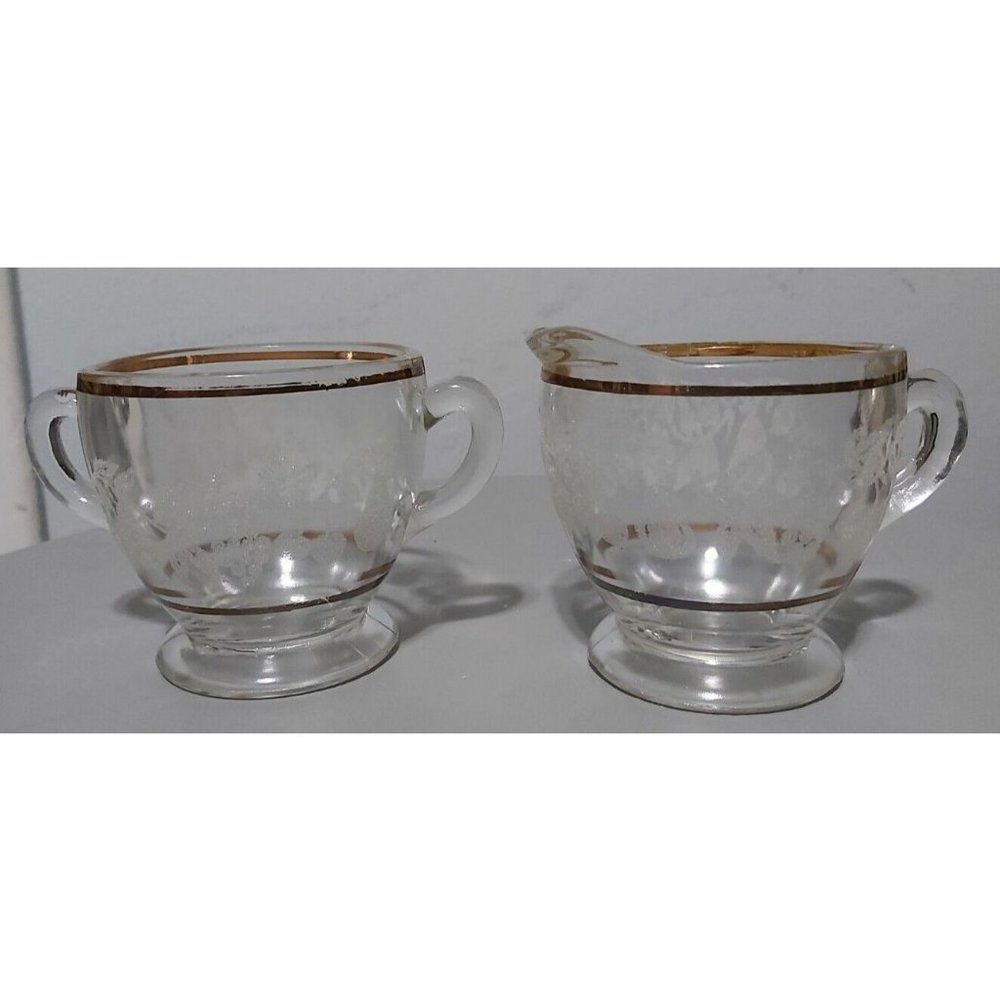 Bartlett Collins Etched Glass Creamer & Sugar Bowl, Grapes And Gold Trim,...